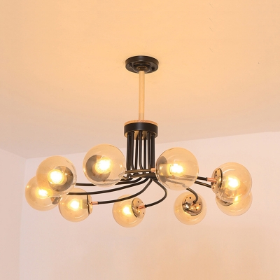 9 Lights Living Room Chandelier Lamp Contemporary Black/Gold Hanging Ceiling Light with Sphere Blue/Amber Glass Shade
