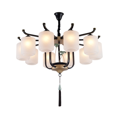 Black 6/8/10 Heads Chandelier Light Traditionalism Opal Glass Cylindrical Suspended Lighting Fixture for Living Room