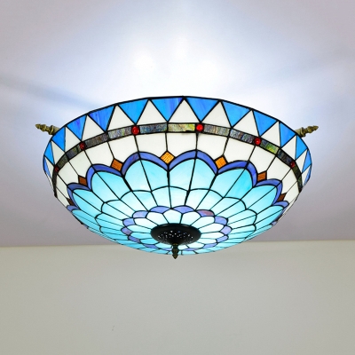 Blue/White 5 Bulbs Ceiling Mount Light Fixture Mediterranean Hand Rolled Art Glass Dome Flush Mount Lighting, 21.5
