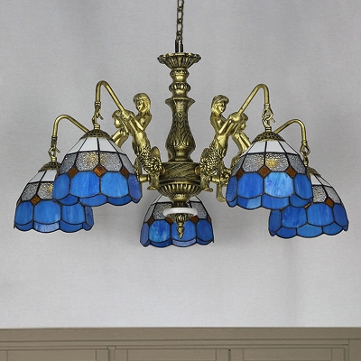 Blue Mermaid Chandelier Light Fixture Mediterranean 3/5/9 Bulbs Multicolored Stained Glass Pendant Lamp for Kitchen