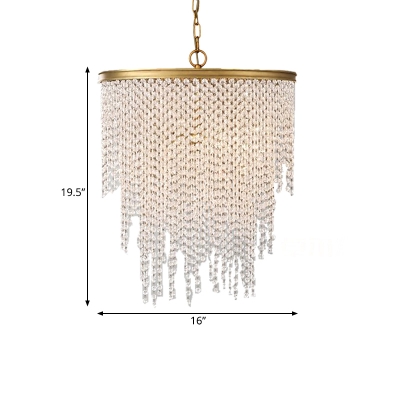 Brass 5/6 Lights Pendant Chandelier Countryside Crystal Waterfall Down Lighting for Living Room