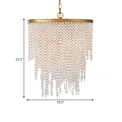 Brass 5/6 Lights Pendant Chandelier Countryside Crystal Waterfall Down Lighting for Living Room