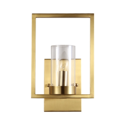 Brass Cylindrical Wall Sconce Contemporary 1 Bulb Clear Glass Wall Light Fixture with Frame