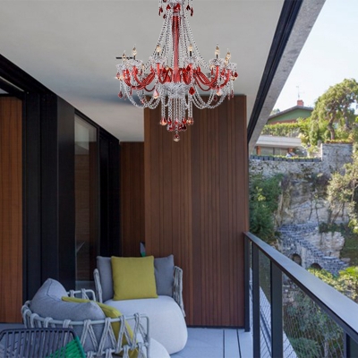 Candle Beveled Crystal Pendant Chandelier Modernism 12 Bulbs Red Hanging Light for Living Room