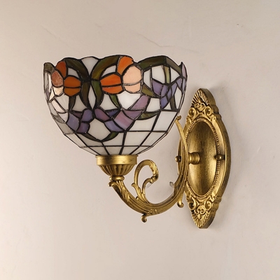 Colorful Cut Glass Bowl Shade Sconce Mediterranean 1 Light Brass Wall Mounted Vanity Light for Bathroom