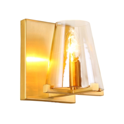 Conical Indoor Wall Sconce Modern Single Light Brass Glass Wall Mount Lamp with Metallic Backplate