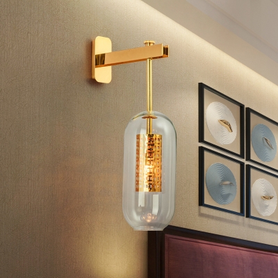 Contemporary 1 Light Sconce Light Metal Brass Finish Tube Wall Mount Lamp with Clear Glass Capsule Shade