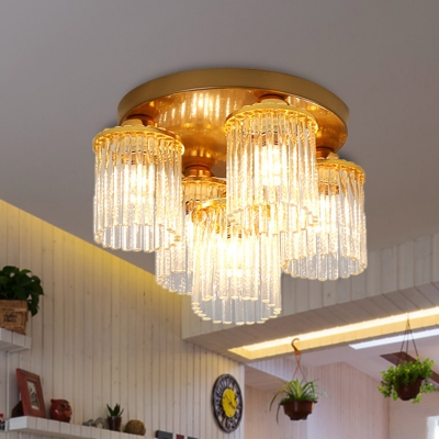 Contemporary Cylinder Flush Mount Crystal 5/10/12 Lights Living Room Flush Ceiling Light in Brass