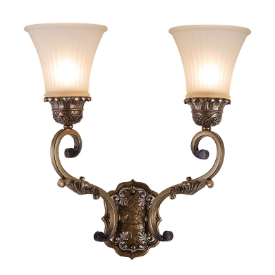 Curvy Arm Metal Wall Mount Lighting Traditional 2 Lights Indoor Wall Sconce Lamp in Brass with Bell White Glass Shade