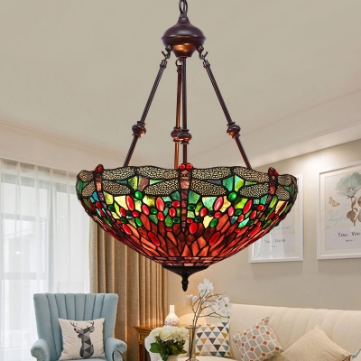 Cut Glass Dragonfly Chandelier Light Tiffany-Style 2 Lights Orange/Green/Red Suspension Lighting for Living Room