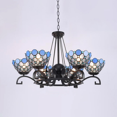 Dome Chandelier Light 3/6/8 Bulbs Blue/Blue and Clear Glass Mediterranean Ceiling Lamp for Living Room, 25