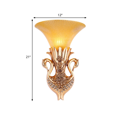 Double Swan Corridor Wall Sconce Fixture Vintage Resin 1 Light Gold Wall Lighting with Amber Glass Bell Shade