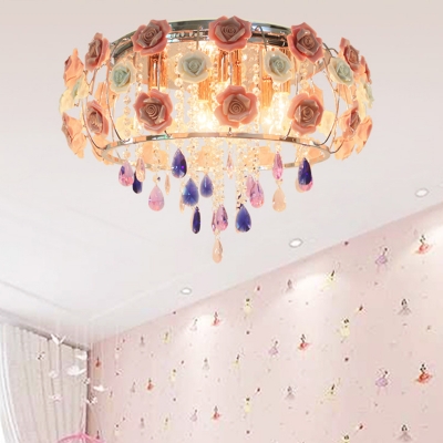 Drum Crystal Ceiling Mounted Fixture Traditional 6/8 Bulbs Living Room Flush Mount Lamp in Pink