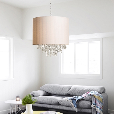 Faceted Crystal Cylinder Hanging Chandelier Modern 3/4 Lights Beige Ceiling Lamp for Bedroom
