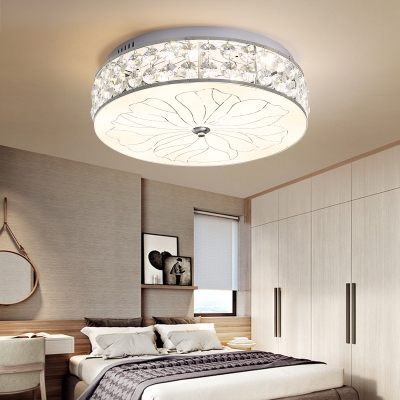 Faceted Crystal Round Flush Light Modern LED Nickel Close to Ceiling Lamp with Opal Glass Shade
