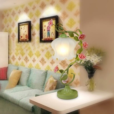 Flower Living Room Table Light Countryside Opal Frosted Glass 1 Head White/Green Nightstand Lamp