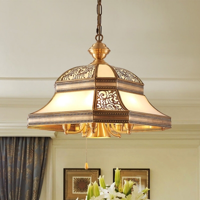 Gold 5 Heads Chandelier Lighting Colonialism Opal Handblown Glass Flared Pendant Ceiling Light for Bedroom
