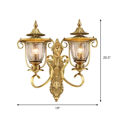 Gold Curved Arm Wall Light Sconce Colonial Metal 1/2-Head Wall Mounted Lamp with Clear Glass Shade