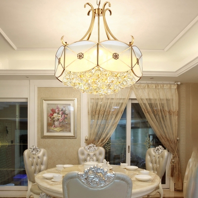 Gold Scalloped Chandelier Pendant Light Colonial Milk Glass 4 Lights Restaurant Suspension Lamp