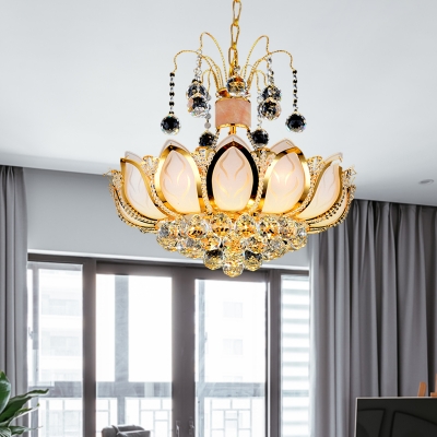 Lotus Hanging Light Fixture Modern Crystal Ball 4/5/8 Heads Gold Chandelier Lighting