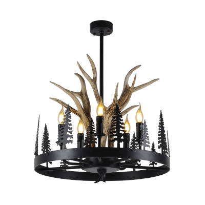 Metal Candle Ceiling Chandelier Farmhouse 5 Heads Hanging Pendant Light in Black