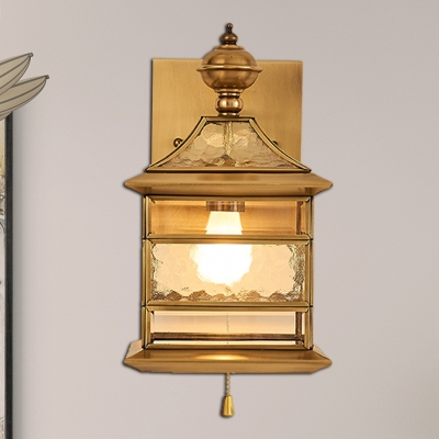 Metal Lantern Sconce Light Traditionalism 1 Head Living Room Wall Lighting in Brass with/without Pull Chain