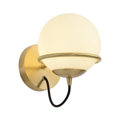 Milky Glass Spherical Wall Sconce Light Contemporary Single Brass Banded Wall Light Fixture