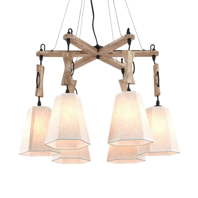 Modern Conical Wood Chandelier Lighting 6 Lights Suspension Light in Black/White/Flaxen with Beige Fabric Shade