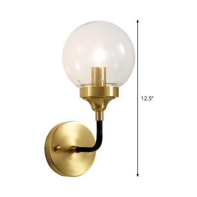 Modernist 1 Bulb Sconce Light Brass Round Wall Mounted Lighting with Clear Glass Shade