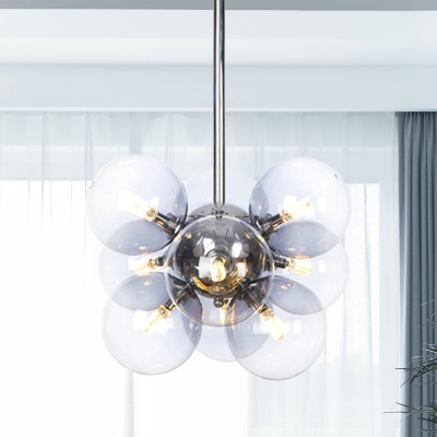 Modernist 9 Heads Chandelier Light Chrome Ball Pendant Lighting Fixture with Smoke Glass Shade
