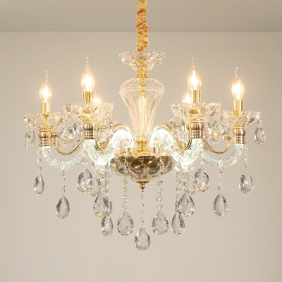 Modernist Candle Ceiling Chandelier Faceted Clear Crystal 6 Bulbs Living Room Pendant Light Fixture in Gold