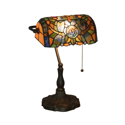 Multicolored Stained Glass Bronze Banker Table Lighting Dragonfly/Red Dragonfly 1 Head Baroque Task Lamp