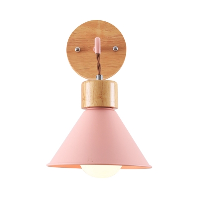 Nordic Style Cone Wall Lighting Metal and Wood 1 Light Bedroom Wall Sconce Fixture in Blue/Pink/White