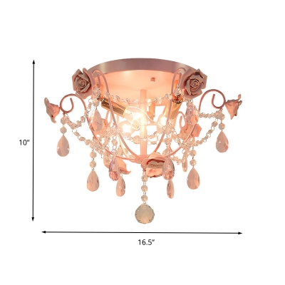 Pastoral Bare Bulb Ceiling Light 3 Bulbs Faceted Crystal Flush Mount Fixture in Pink for Bedroom