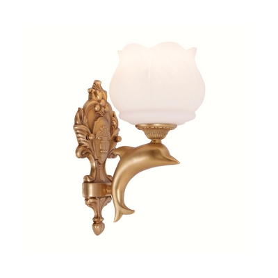 Petal Frosted Glass Wall Light Lodge Stylish 1 Light Corridor Wall Sconce with Golden Dolphin Deco
