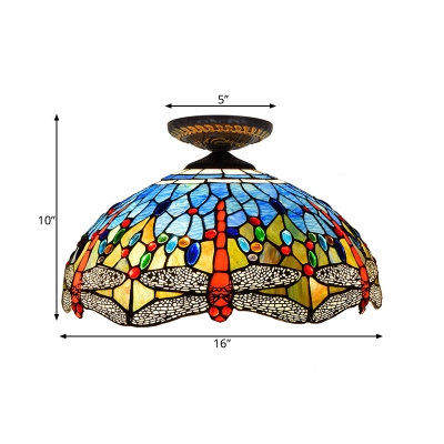 Red/White Dragonfly Lighting Fixture Tiffany-Style 1 Bulb Multicolored Stained Glass Flush Mount Ceiling Light