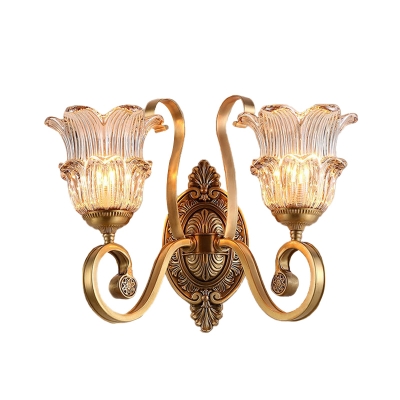 Retro Flower Wall Mount Lamp 1/2 Heads Clear Ribbed Glass LED Wall Sconce Lighting in Brass