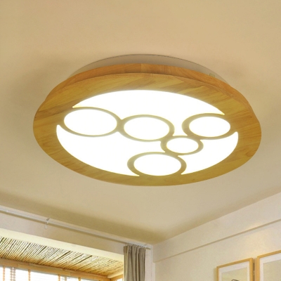 Round Wood Flushmount Lighting Minimalist LED Beige Close to Ceiling Lamp for Living Room