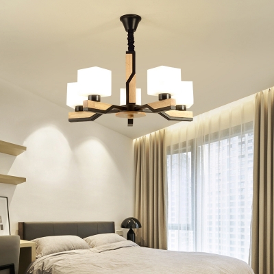 Squared Pendant Lighting Fixture Modern Style Milk Glass 5/8 Lights Black Finish Chandelier Lamp for Bedroom