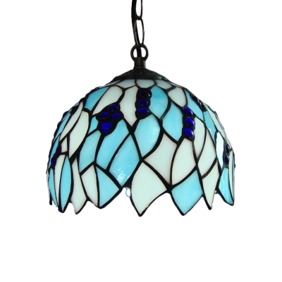 Stained Glass Blue Drop Pendant Dome 1 Light Baroque Stylish Hanging Ceiling Light for Bedroom