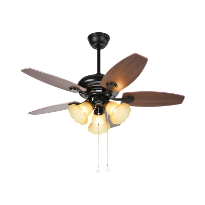 Traditionalism Blossom Ceiling Fan Lamp 3 Heads Frosted White Glass Semi Flush Mount Light Fixture in Brown