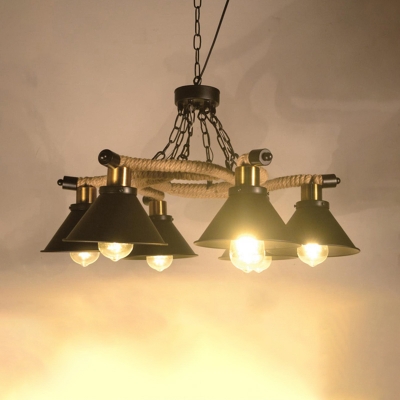 Vintage Conical Pendant Lighting 3/6 Lights Metal Chandelier Light Fixture in Black for Living Room