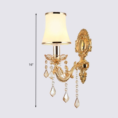 White Glass Flared Wall Mounted Lamp Vintage 1/2 Heads Living Room Sconce Light Fixture in Gold