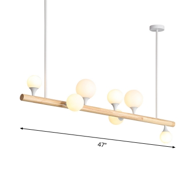 Wood Pipe Island Lighting Asian 5/7 Heads Hanging Pendant Light in Beige with Bubble White Glass Shade