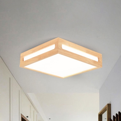 Wood Square Flush Mount Fixture Minimalist LED Beige Flush Ceiling Light in Warm/White Light