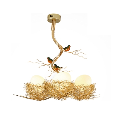 Woven Nest Chandelier Light Contemporary Metal and White Glass Pendant Lamp with Bird Accents