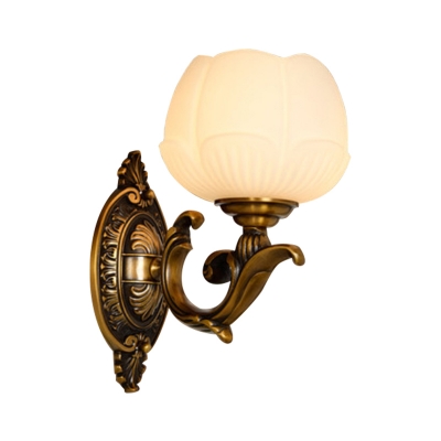 1 Bulb Wall Light Sconce with Lotus Shade White Glass Traditional Stylish Hallway Wall Mount Lamp in Brass