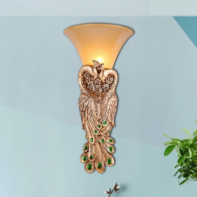 1 Head Resin Wall Sconce Rustic Style Gold/Light Gold Peacock Dining Room Wall Light with Amber Glass Bell Shade