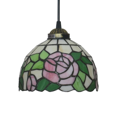 1 Light Suspension Light Tiffany Blossom Red/Pink/Green Cut Glass Hanging Lamp Kit for Living Room