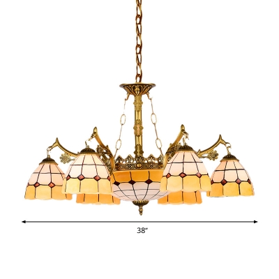 11 Lights Bedroom Chandelier Lamp Tiffany Yellow Drop Pendant with Grid Patterned Stained Glass Shade
